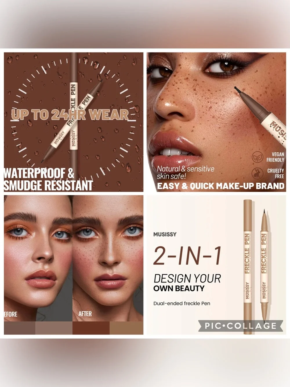 Musissy Dual Ended Freckle Pen Brown Waterproof Long Lasting Faux Freckles